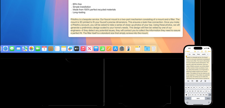 在 iPhone 使用通用剪貼板，將備忘錄內(nèi)容複製至配有 Studio Display 的 Mac mini M4 上。