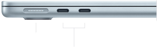 MacBook Air, fermé, c?té gauche, montrant le port MagSafe et deux ports Thunderbolt