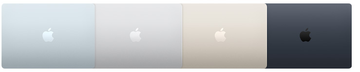 Vue extérieure de quatre modèles de MacBook Air montrant quatre finitions différentes