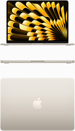 Vue de face et de haut d’un MacBook Air en finition lumière stellaire