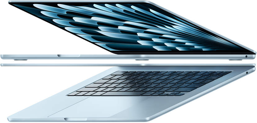 Deux MacBook Air en finition bleu ciel ouverts forment une flèche, soulignant la finesse du profil