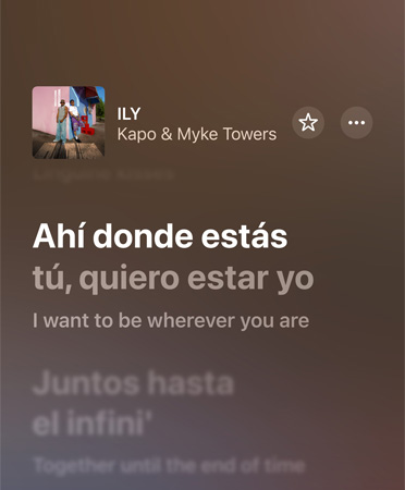 Lyrics translation of ILY by Kapo & Myke Towers, from Spanish to English, playing in Apple Music