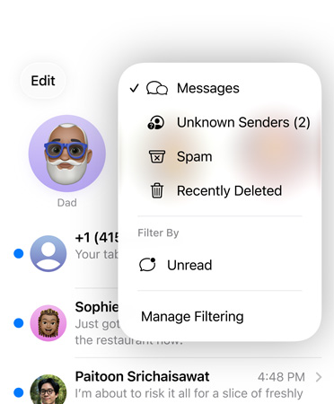 Messages app showing new screening tools feature that now filters unknown numbers into a section called Unknown Senders