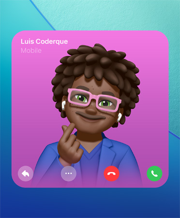 FaceTime Contact Poster, Genmoji in center, person’s name top left, icons for reply, more options, hang up, and pick up on the bottom