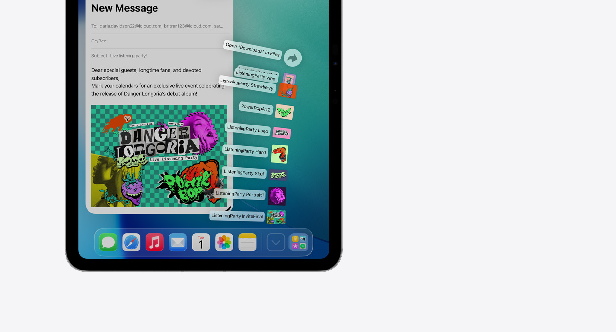 Close up Apple device Dock app at bottom with a series of files fanning out vertically