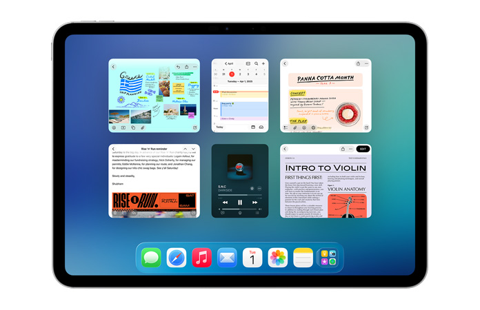 iPad, landscape orientation, screen shows six windows open in two rows, including Calendar app, Notes app, Apple Music, and Safari
