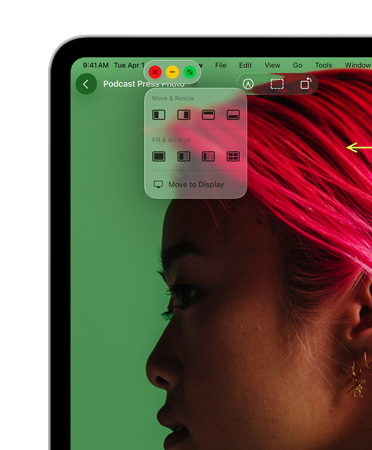 Window controls, with red button to close, yellow button to minimize, and green button to zoom, plus options to move and resize or arrange your windows
