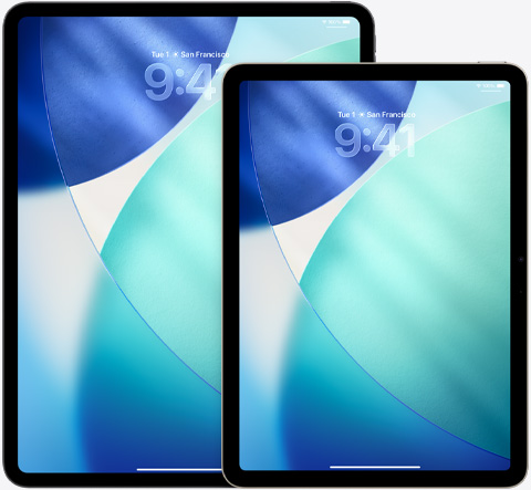 iPad and iPad Air, side-by-side, iPad Air in front overlapping iPad, portrait orientation, Lock Screen shows time in translucent Liquid Glass
