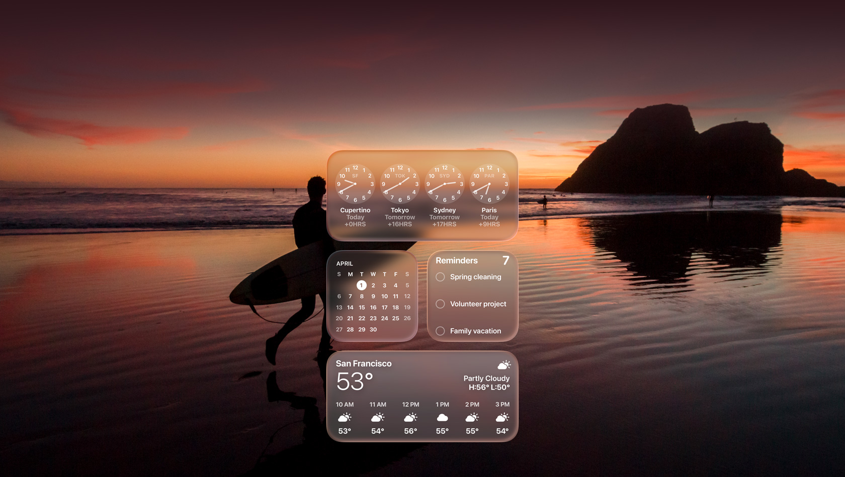 Liquid Glass Clock, Calendar, Reminders, and Weather widgets over an image of a surfer walking on the beach at sunset