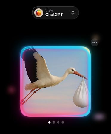 Image Playground with dropdown menu at top that reads Style: ChatGPT, image of a flying stork carrying a baby in a bundle