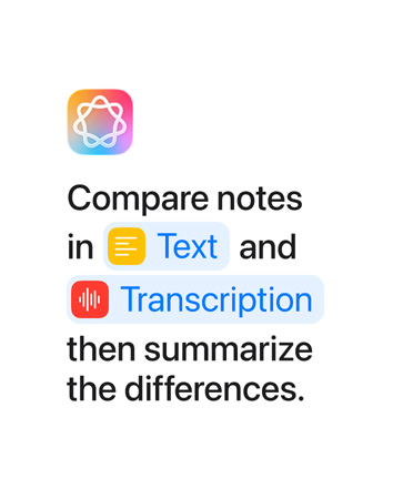 Compare notes in Text and Transcription then summarize, with the words 'Text' and 'Transcription' highlighted in blue as they appear as they would in the Shortcuts app
