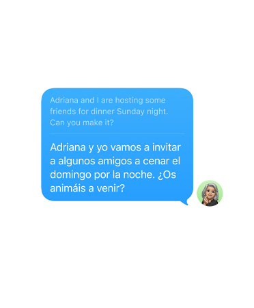 Live Translation in Messages with the user’s text message “Adriana and I are hosting some friends for dinner Sunday night. Can you make it?” automatically translated into Spanish