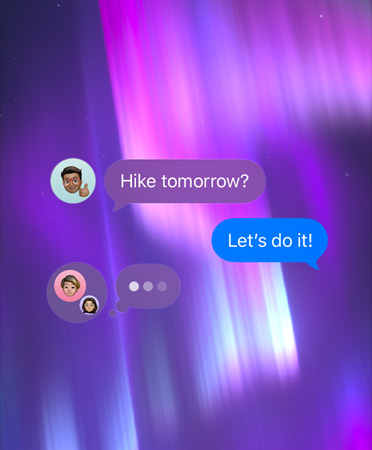 Group chat in Messages, set against a pink, purple, and blue abstract background