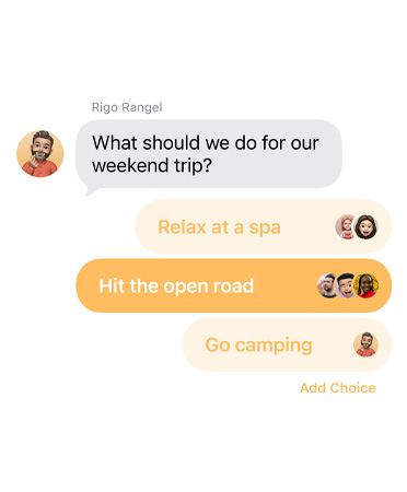 Polls feature in Messages with people in the groupchat voting for where to take a weekend trip