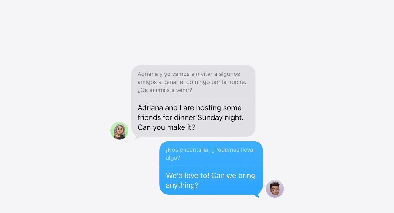 Live Translation in Messages, showing an example of automatic translation between Spanish and English