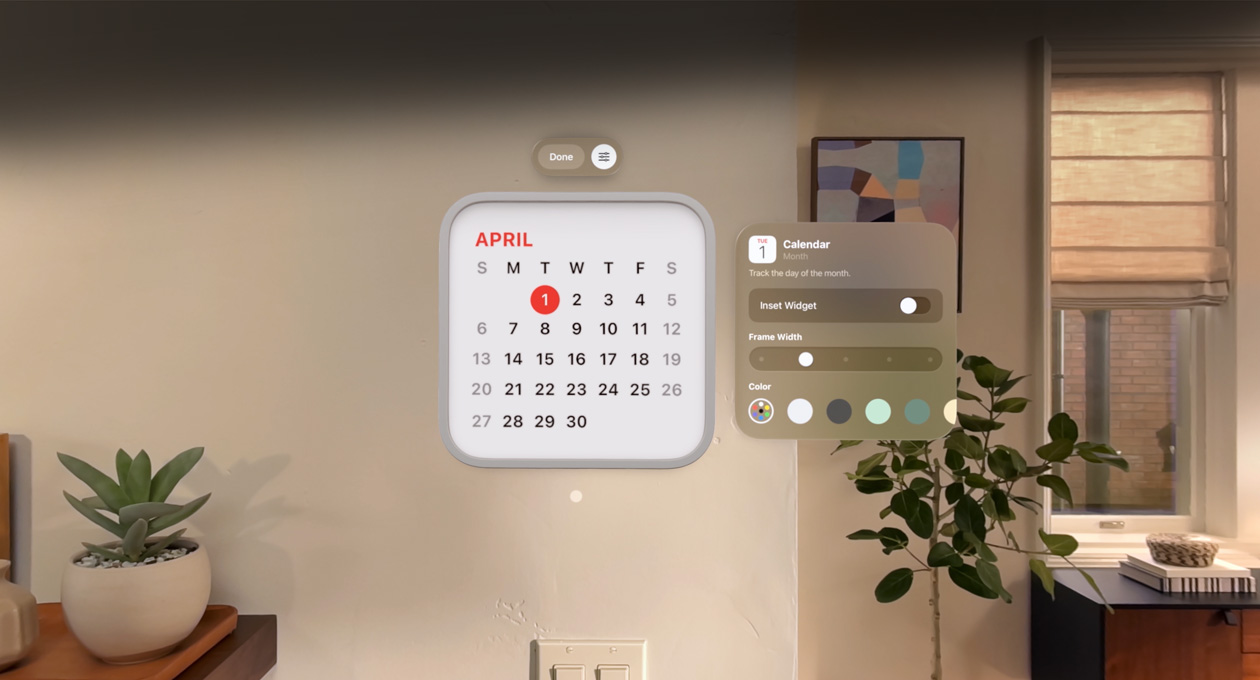 Calendar widget reading: April 1st floats on wall, reminder widget above, personalization options to change frame thickness and color to right