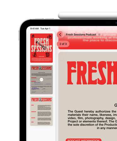 iPad, landscape orientation, Apple Pencil magnetically attached to top, top left of screen shows PDF in Preview app