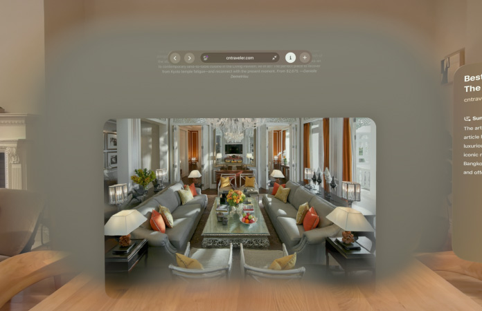 Safari web page featuring inline spatial scene of living room with long deep hallways in background