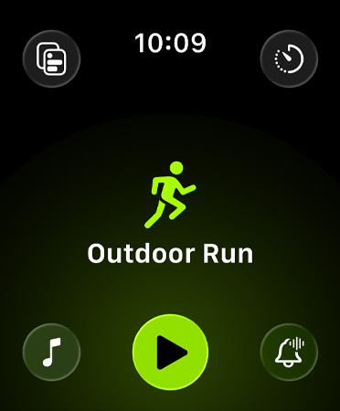 Workout app new layout, green buttons in each corner to access alerts, music, experiences, custom workouts, and metrics against a black background. In center, an icon of a runner in green, with Outdoor Run in white letters below and a green button below that for Quick Start