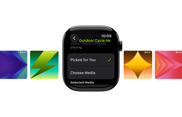 Apple Watch in Jet Black with no band, face shows small translucent icon of camera appears on screen as a Smart Stack hint then opens to show Camera Remote widget