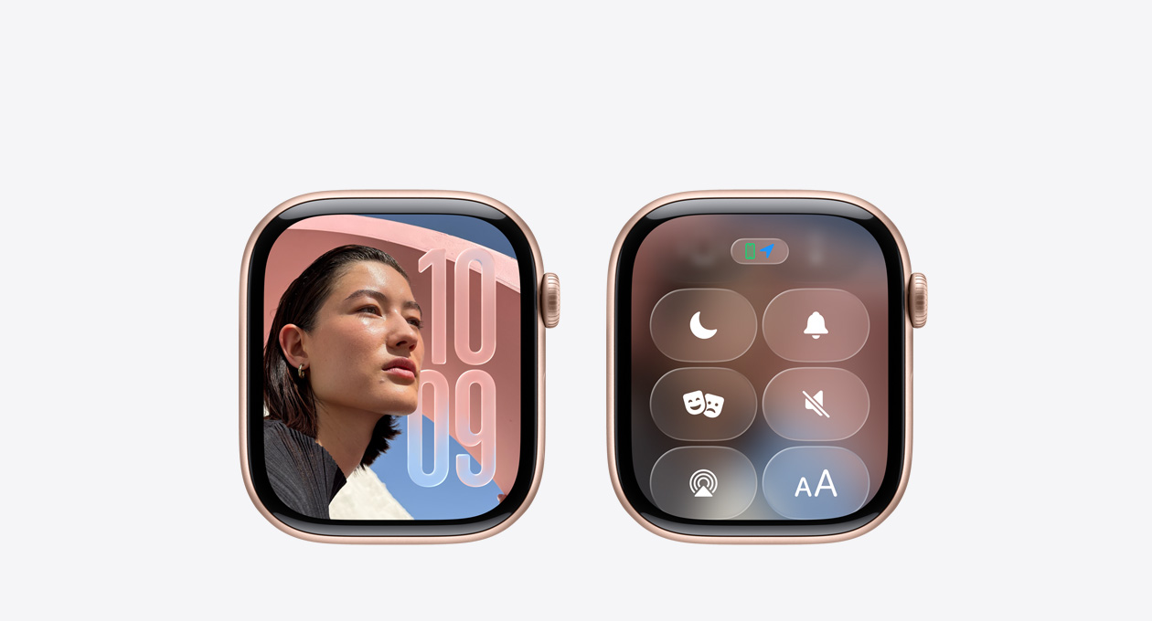 Apple Watch in Rose Gold without band, watch face displays screen with translucent Liquid Glass icons on top of background to showcase new Liquid Glass design in watchOS 26
