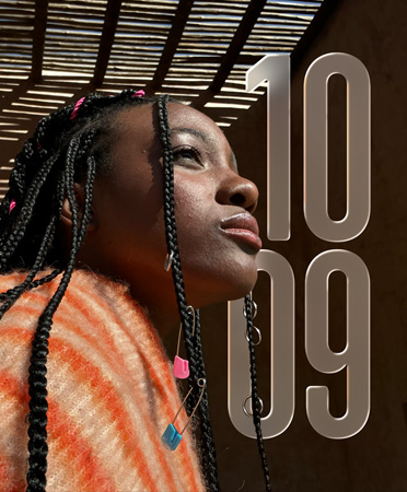 Photo of person on left, translucent time numerals stacked on right, neatly tucked behind the person showcasing Photos face