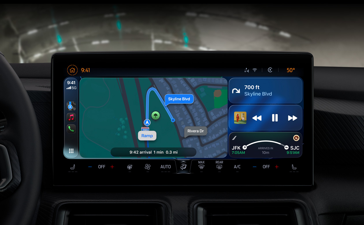 CarPlay in a car displaying directions on Maps, Apple Music, flight information, and widgets