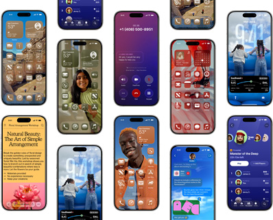 Varios iPhone dispuestos en forma de cuadrícula, cada uno con una funcionalidad o un aspecto de dise?o diferente de iOS 26