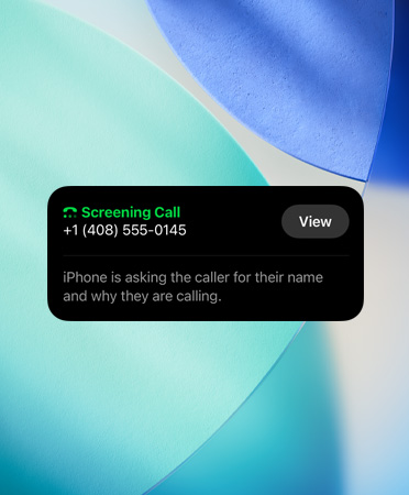 iPhone app widget showcasing screening feature on an incoming call, new OS wallpaper set in the background