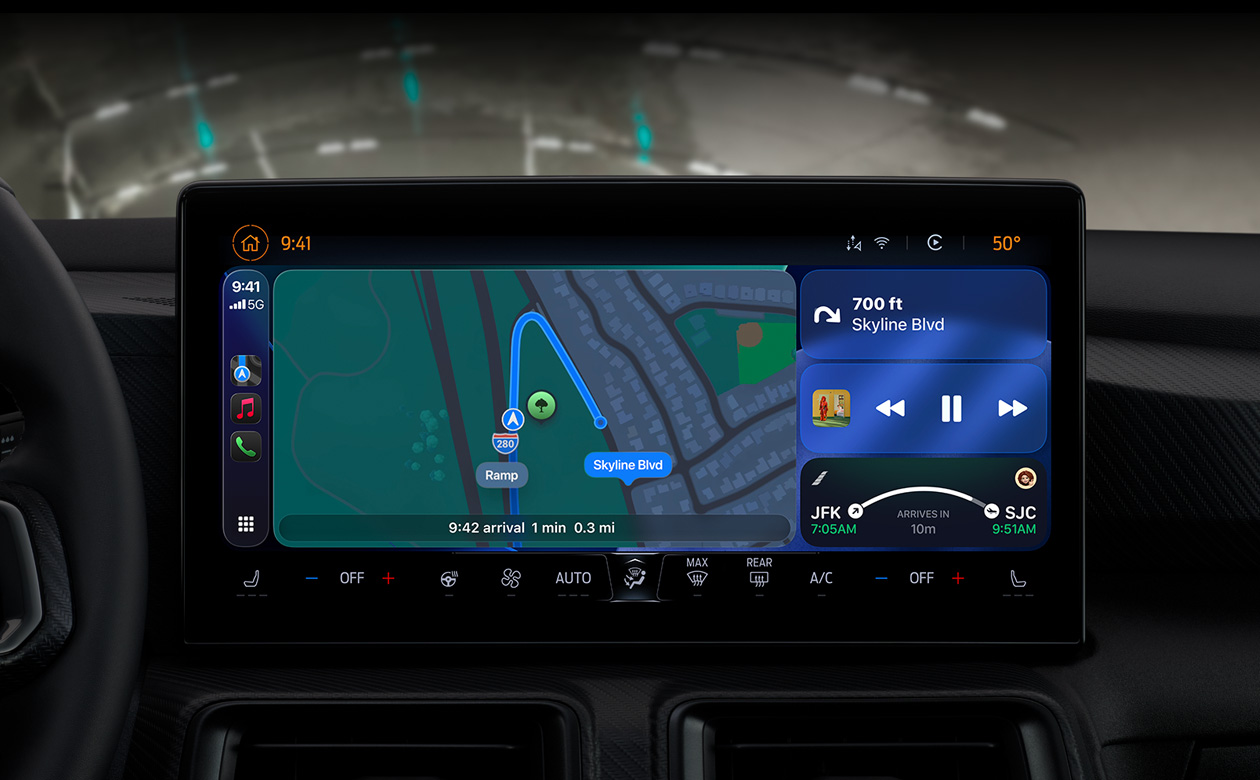 CarPlay in a car displaying directions on Maps, Apple Music, flight information, and widgets