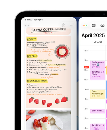 Un iPad, posición horizontal, la parte superior izquierda de la pantalla muestra las apps Notas y Calendario, dispuestas una al lado de la otra, como un ejemplo de la organización de ventanas en mosaico