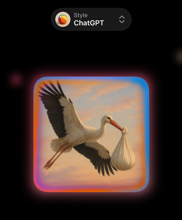 Image Playground con un menú desplegable en la parte superior que dice Estilo: ChatGPT, imagen de una cigüe?a que lleva una bolsa con un bebé dentro