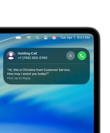 Right corner of Mac screen with Hold Assist Live Activity indicating user is on hold with a customer service representative