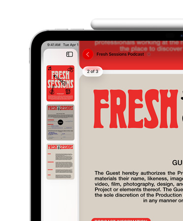 Un iPad, posición horizontal, un Apple Pencil adherido magnéticamente al borde superior, la parte superior izquierda de la pantalla muestra un archivo PDF en la app Vista Previa