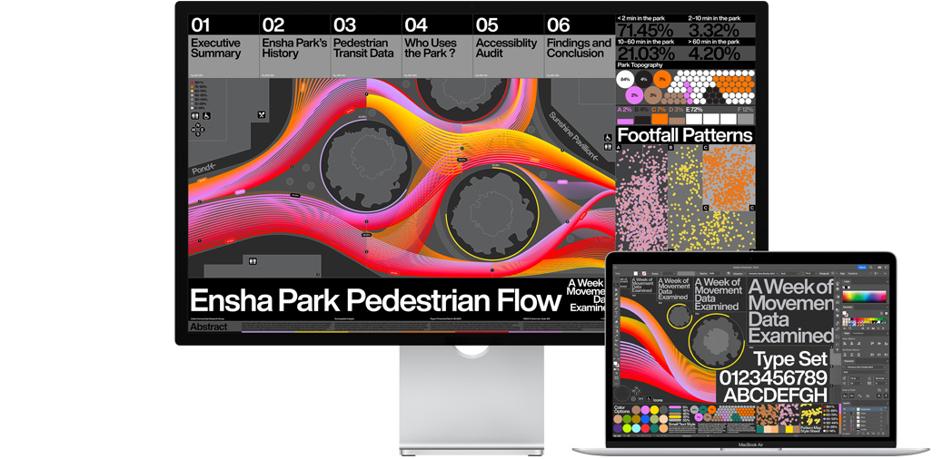 13-inch MacBook?Air alongside Studio?Display showing a project in Adobe Illustrator.