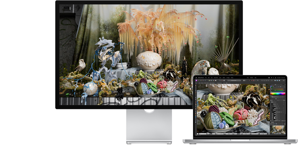 14-inch MacBook?Pro alongside Studio?Display showing a project in Affinity Photo.