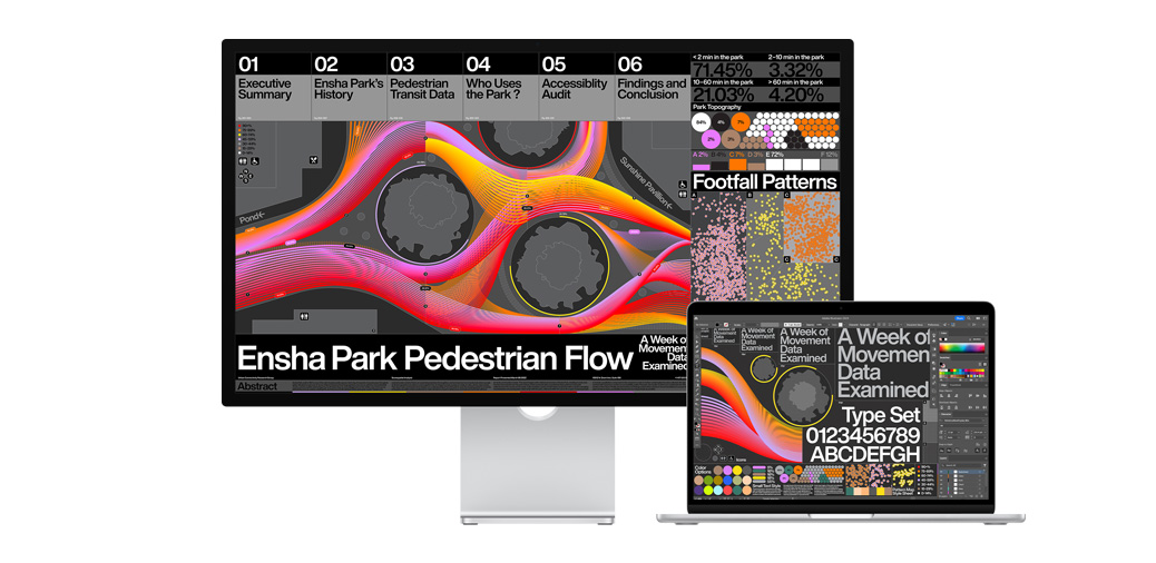 13 吋 MacBook Air 與 Studio Display 一同顯示 Adobe Illustrator 的專案。