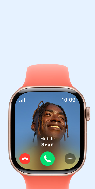 Apple Watch Series 10 with an incoming call. Click the plus button to see more information on Connectivity features.