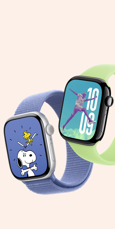 Two Apple Watch Series 10. The first has a Snoopy watch face and a Plum Sport Loop. The second has a Photos watch face and an Ultramarine Solo Loop. Click the plus button to see more information on Personalization.