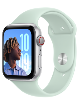 Apple Watch SE with a Starlight aluminum case and Starlight (white) Sport Band.