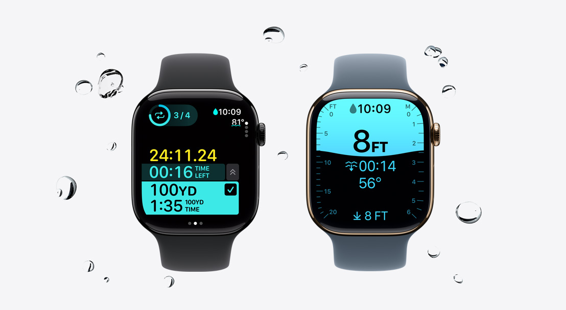 Apple Watch Series 11 med urkasse i poleret pianosort aluminium, registrering af sv?mning i appen Tr?ning, vanddr?ber, der bev?ger sig v?k fra uret, og sort Sportsrem