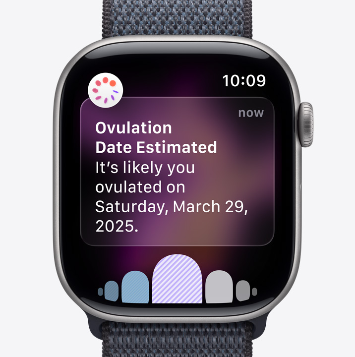 Apple Watch Series 11 med urkasse i aluminium i farven space grey, notifikation om estimeret dato for ?gl?sning fra Min cyklus i appen Sundhed, Digital Crown og Sport Loop i m?rkegr?{