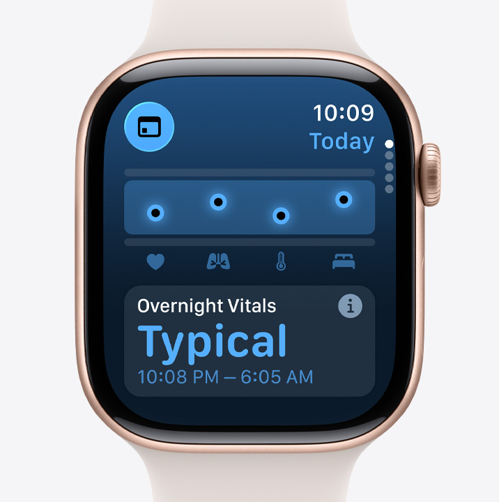 Apple Watch Series 11, aluminum case, rose gold color, Vitals app, health score chart, overnight vitals notification