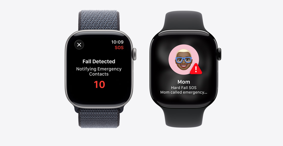 Apple Watch Series 11 med en notifikation om Registrering af ulykke, en knap til n?dopkald og en anden notifikation om, at mor er kommet ud for et voldsomt fald og har ringet til alarmcentralen