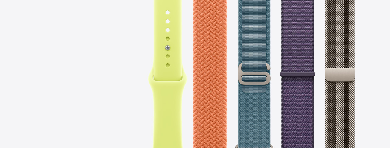 Apple Watch-remme: Sportsrem i neongul, Flettet Solo Loop i farven gurkemeje, Alpine Loop i lysebl?, Sport Loop i sart lilla og Milanorem i farven naturlig
