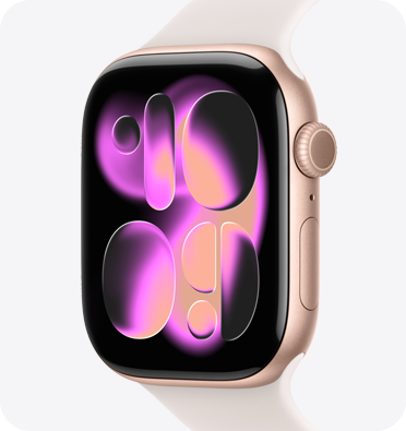 Apple Watch Series 11 med urkasse i aluminium i farven rosaguld, kunstbaggrund i bev?gelse p? urskiven, Digital Crown, mikrofon og sideknap i h?jre side og Sportsrem i farven sart fersken