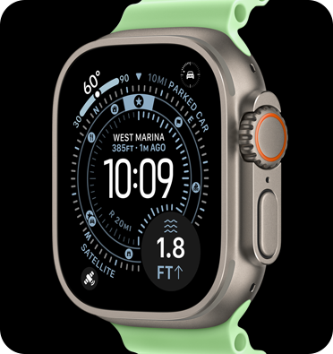 Apple Watch Ultra 3 com caixa em titanio prateado e Bracelete verde