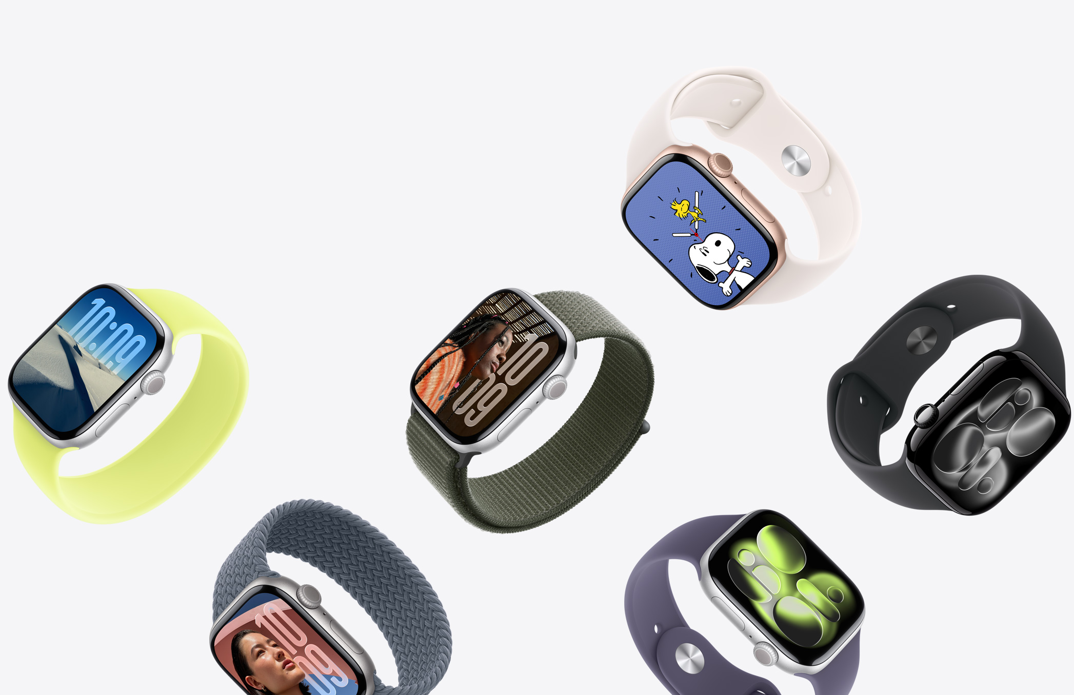 Une sélection d’Apple Watch avec diverses finitions de bo?tier et des bracelets de couleurs et matériaux différents.