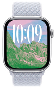Zifferblatt mit dem Foto einer Landschaft mit benutzerdefinierter Zeitgr??e und Schrift auf der Apple Watch.