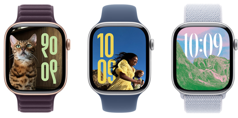 Drei Fotos Zifferbl?tter auf der Apple Watch mit unterschiedlichen Bildern, Zeitgr??en und Schriften